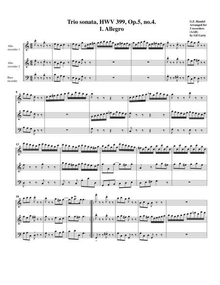 Trio sonata HWV 399, Op.5, no.4 (Arrangement for 3 recorders (AAB))