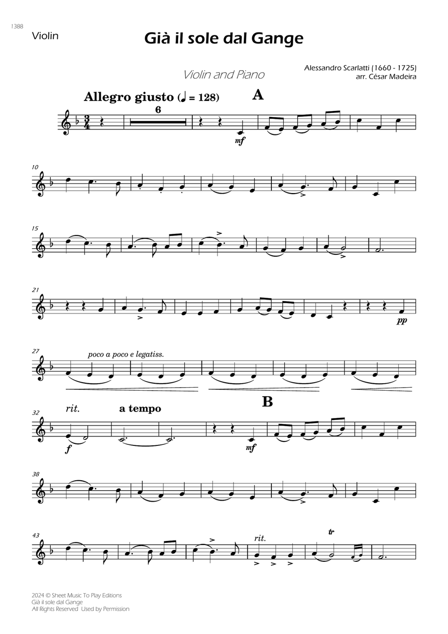 Scarlatti - Già il sole dal Gange - Violin and Piano (Individual Parts) Violin Solo scores gallery preview page 1