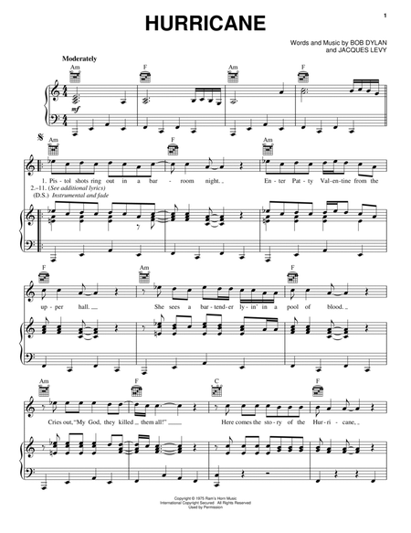 Hurricane by Bob Dylan Piano, Vocal, Guitar - Digital Sheet Music