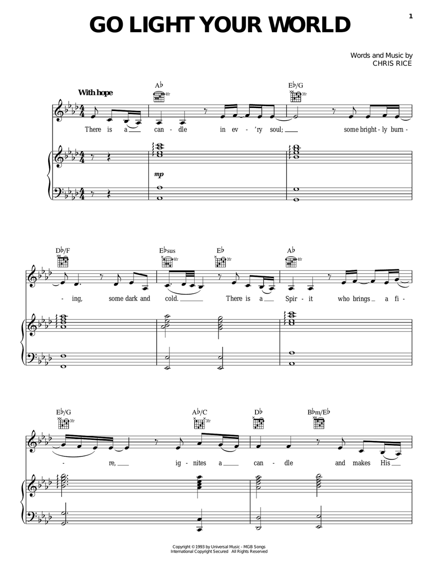 Go Light Your World Piano, Vocal, Guitar scores gallery preview page 1