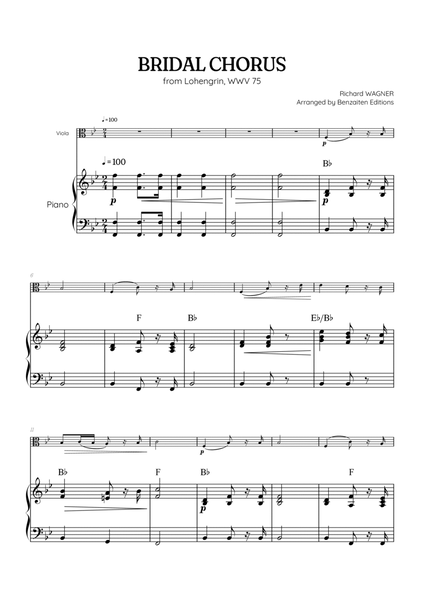 Wagner • Here Comes the Bride (Bridal Chorus) from Lohengrin | viola & piano sheet music w/ chords image number null
