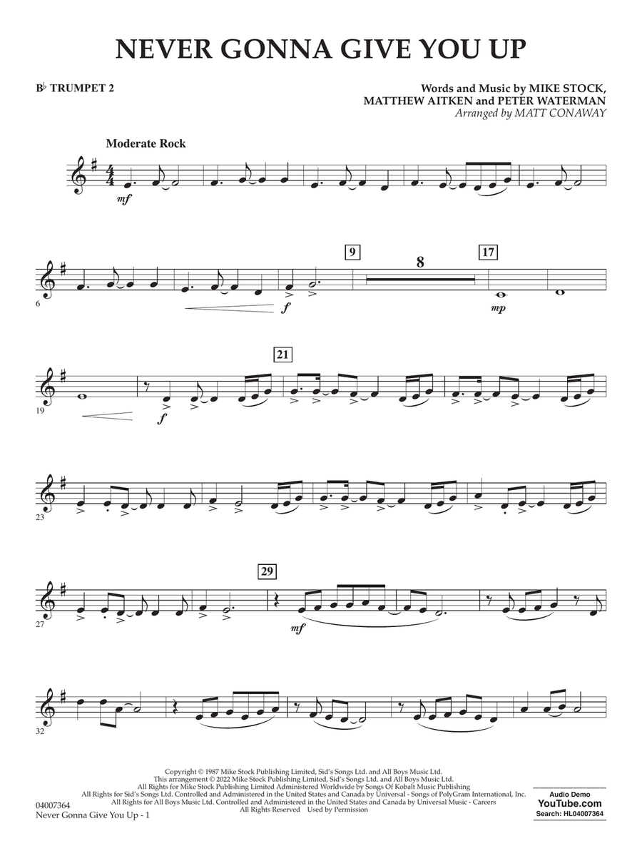 Never Gonna Give You Up (arr. Matt Conaway) - Bb Trumpet 2 Concert Band scores gallery preview page 1