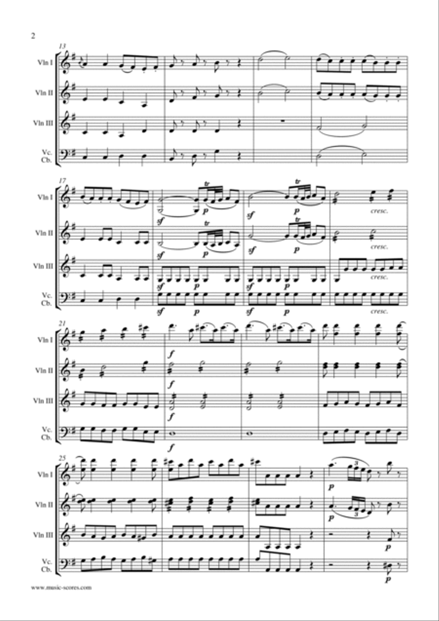 Eine Kleine Nachtmusik - Allegro 1st movement - 3 Violins and Cello and/or Contrabass String Trio scores gallery preview page 2