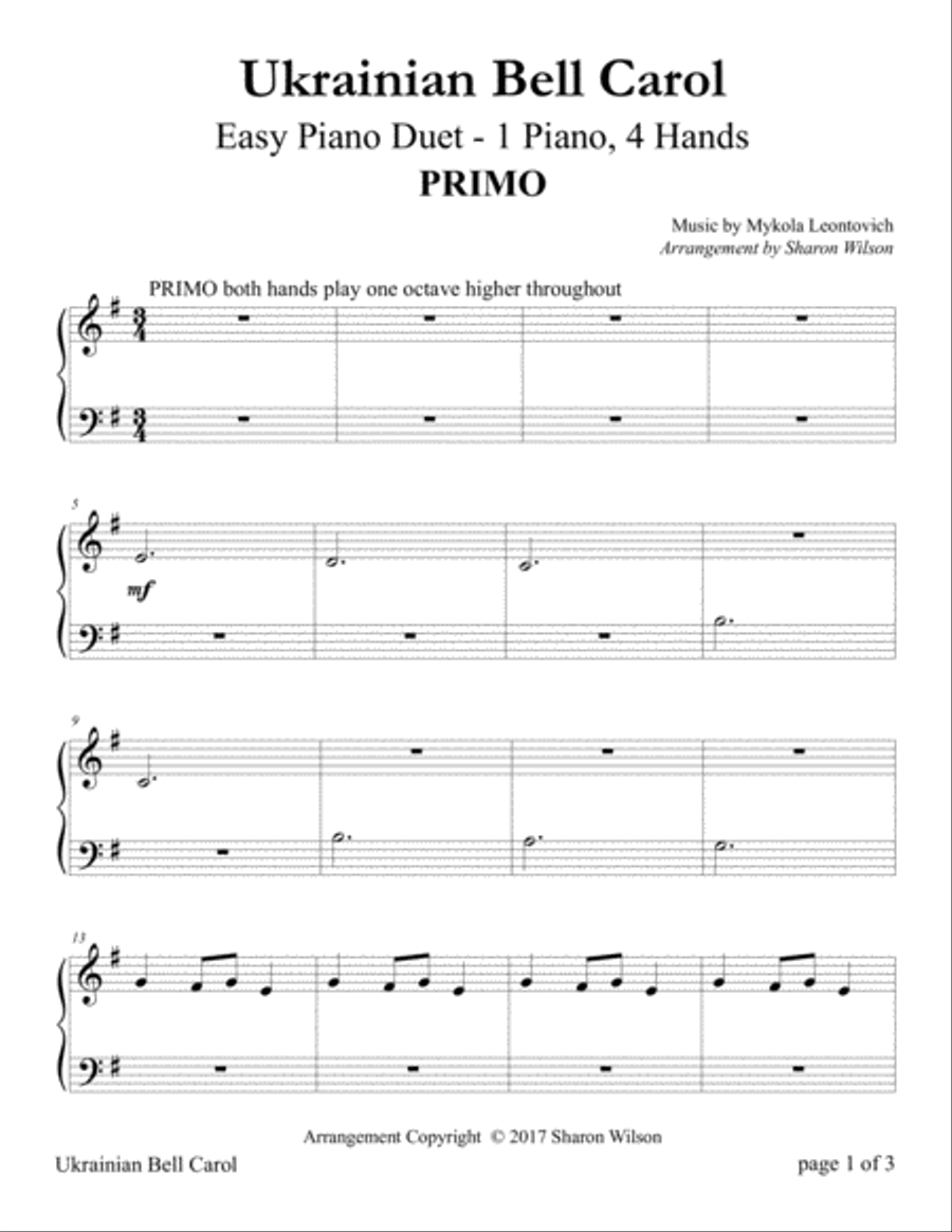 Ukrainian Bell Carol (Easy Piano Duet; 1 Piano, 4 Hands) Easy Piano scores gallery preview page 2