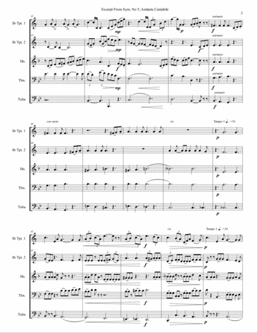 Excerpt from Andante Cantabile, Tchaikovsky Symphony. #5, for Brass Quintet Brass Quintet scores gallery preview page 4