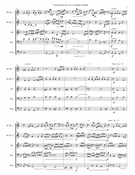 Excerpt from Andante Cantabile, Tchaikovsky Symphony. #5, for Brass Quintet by Peter Ilyich Tchaikovsky Horn - Digital Sheet Music