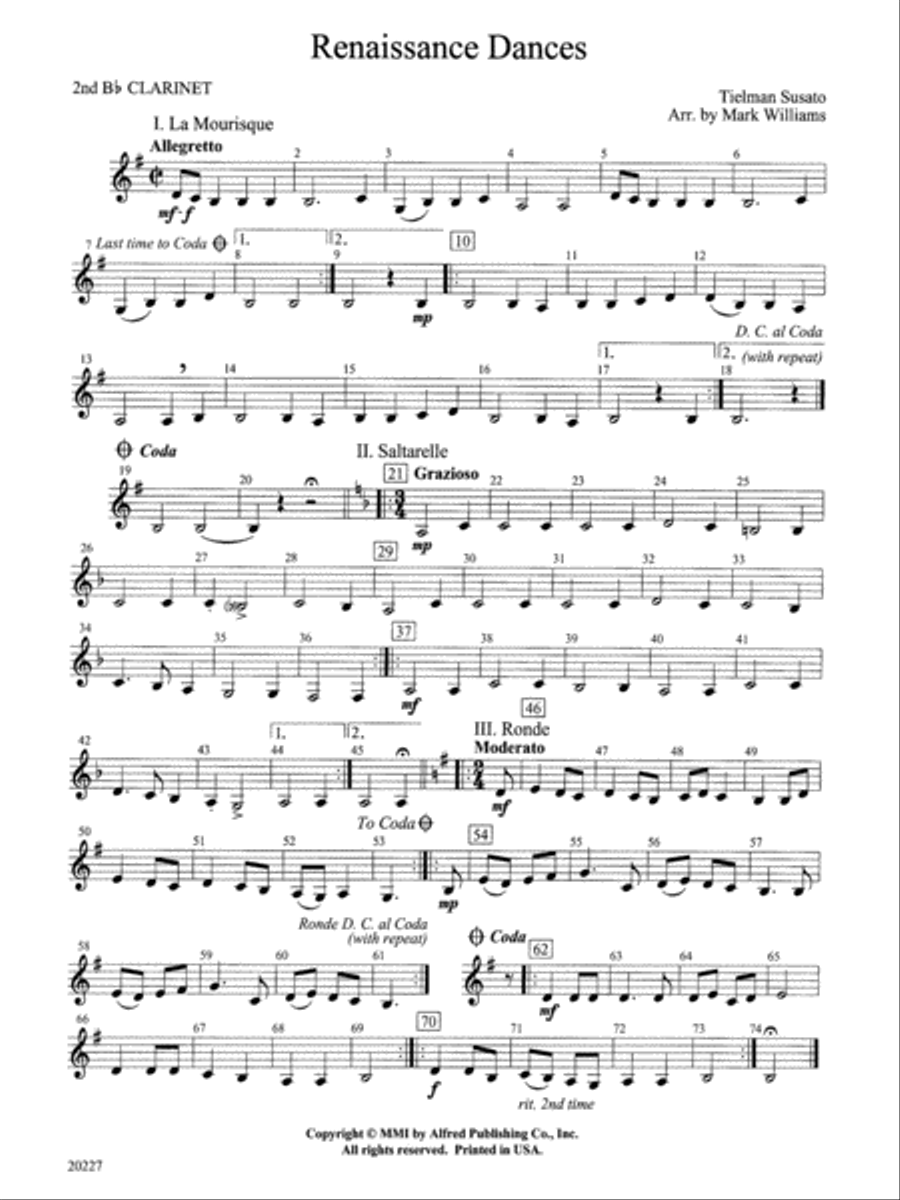Renaissance Dances: 2nd B-flat Clarinet Concert Band scores gallery preview page 1