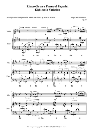 Rhapsody on a Theme of Paganni Eighteenth Variation arranged for Violin and Piano D major