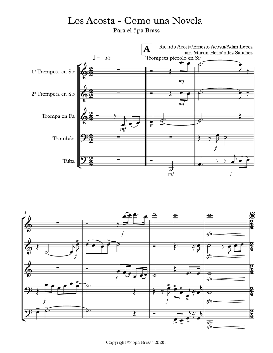 Mexican Folk Pop: COMO UNA NOVELA (by Los Acosta) for Brass Quintet arr. Martín Hernández Sánchez Brass Quintet scores gallery preview page 1