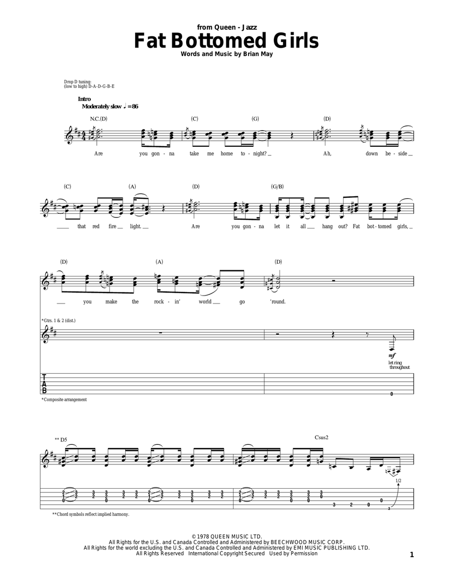 Fat Bottomed Girls Acoustic Guitar scores gallery preview page 1