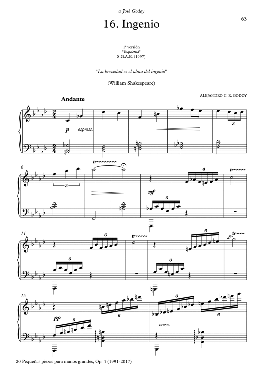 20 Piezas, Op. 4 (2017) No. 16. Ingenio Piano Solo scores gallery preview page 1