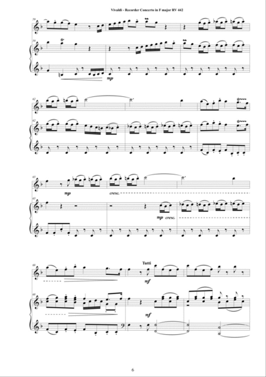 Vivaldi - Recorder Concerto in F major RV 442 for Alto Recorder and Piano Alto Recorder scores gallery preview page 6