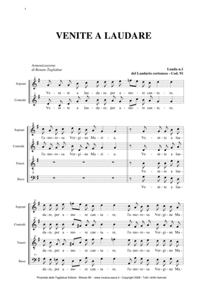 VENITE A LAUDARE - Laudario Cortonese - Arr. for SATB Choir