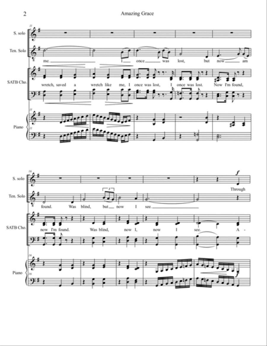 Amazing Grace (for SATB, piano, and solo tenor and soprano) 4-Part scores gallery preview page 2