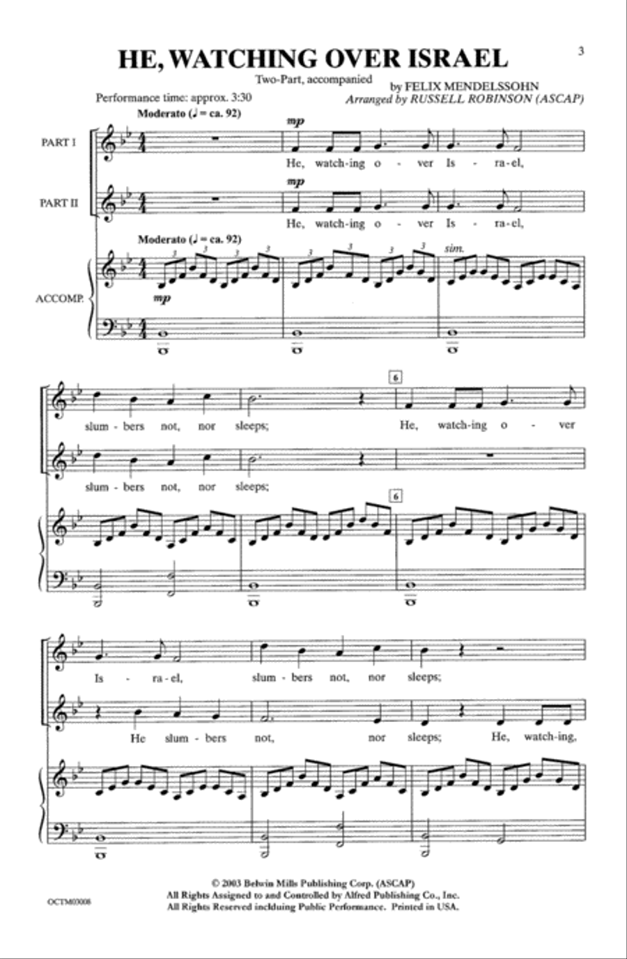 He, Watching Over Israel (from Elijah) Choir scores gallery preview page 1