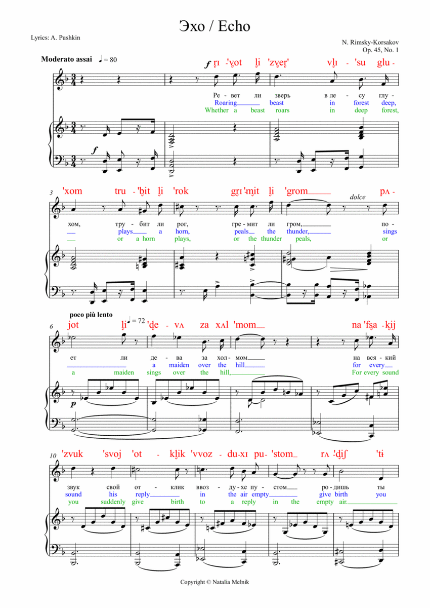 Rimsky-Korsakov "Echo" Op. 45 No 1 Original key DICTION SCORE w IPA & translation