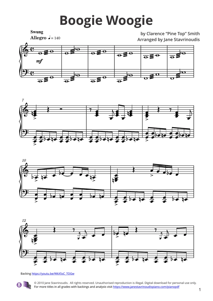 Pine Top's Boogie Woogie Piano Solo scores gallery preview page 1