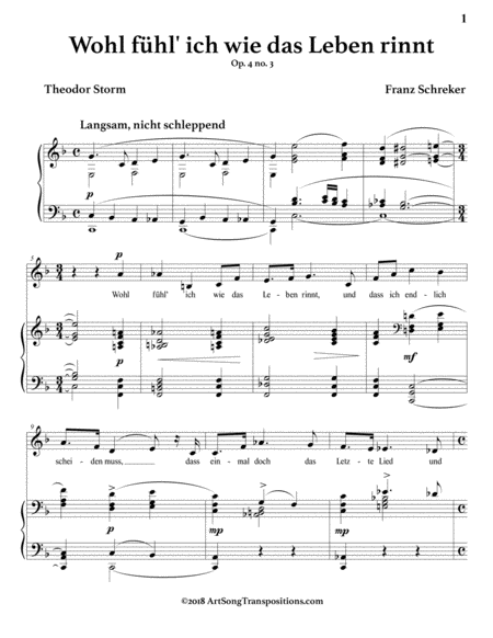 SCHREKER: Wohl fühl' ich, wie das Leben rinnt, Op. 4 no. 3 (transposed to F major)
