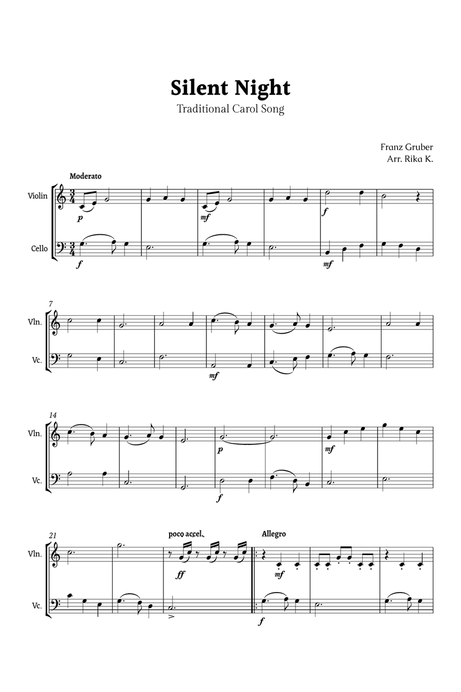 Silent Night for Violin and Cello Duet String Duet scores gallery preview page 1