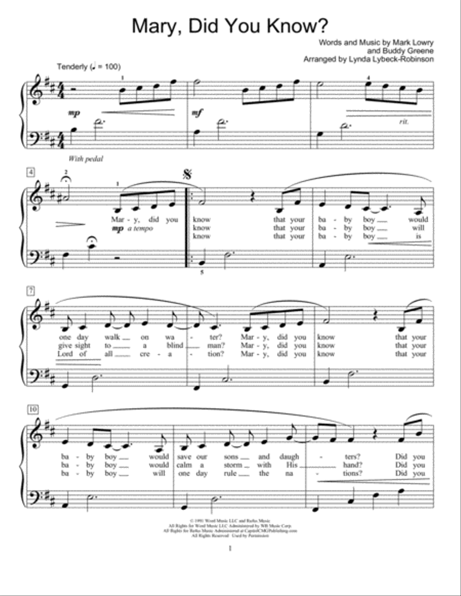 Mary, Did You Know? (arr. Lynda Lybeck-Robinson) Piano scores gallery preview page 1