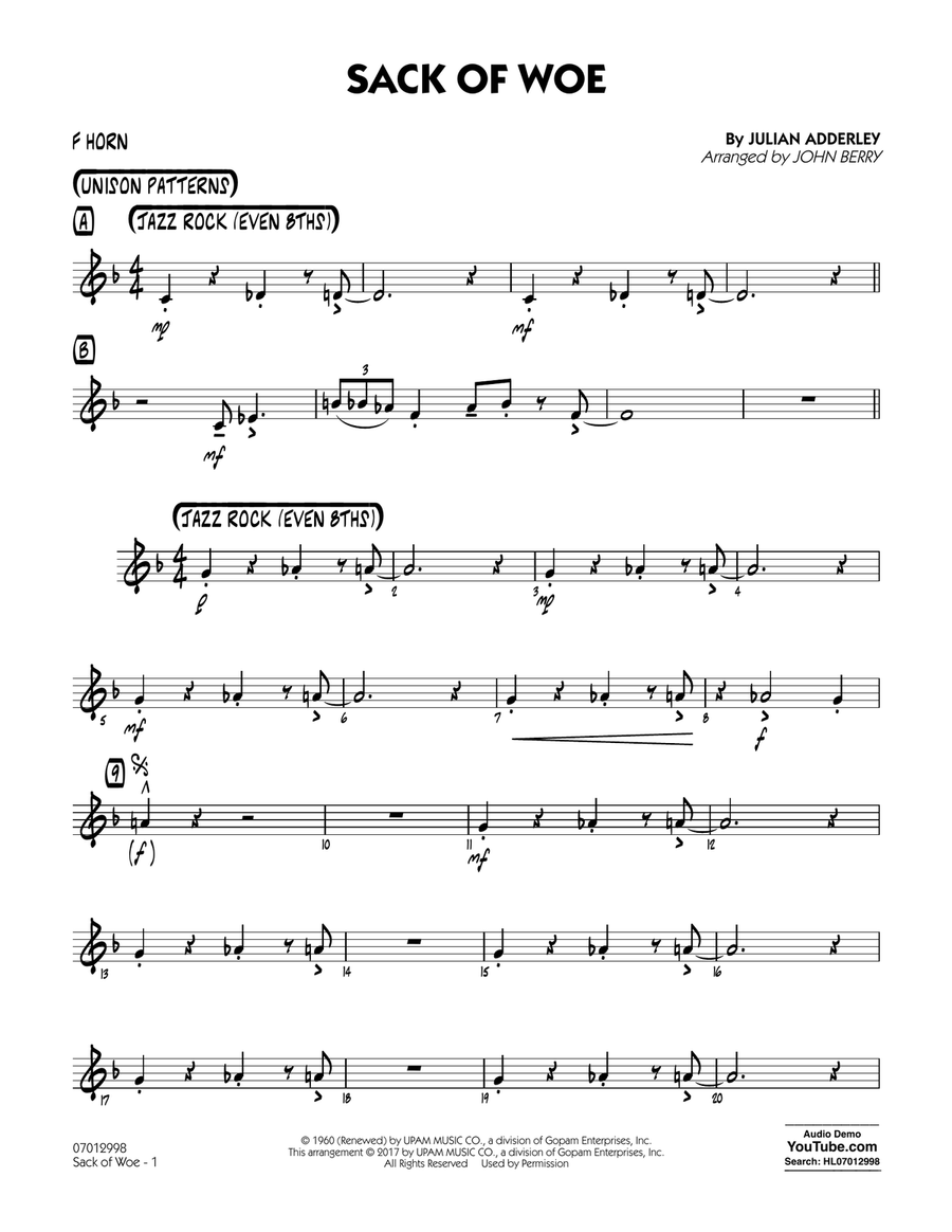 Sack of Woe - F Horn Sack of Woe - F Horn Jazz Ensemble scores gallery preview page 1