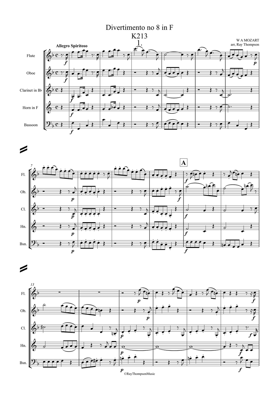 Mozart: Divertimento No.8 in F K213 - wind quintet Woodwind Quintet scores gallery preview page 2