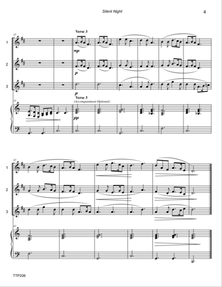 SILENT NIGHT - 1, 2 or 3 Bb TREBLE INSTRUMENTS with Piano Accompaniment Small Ensemble scores gallery preview page 4