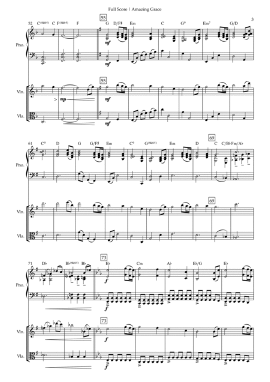 Amazing Grace (John Newton, E. O. Excell) for Violin & Viola Duo and Piano Accompaniment with Chords Piano Trio scores gallery preview page 3