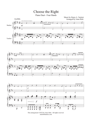 Book cover for Choose the Right (late elementary student/teacher piano duet, key of D)