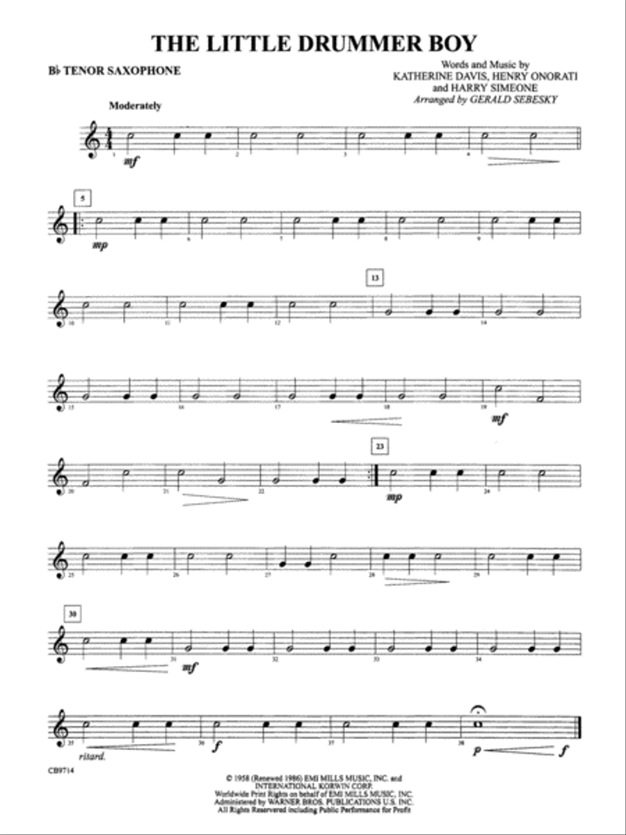 The Little Drummer Boy: B-flat Tenor Saxophone Concert Band scores gallery preview page 1
