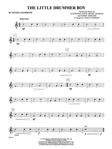 The Little Drummer Boy: B-flat Tenor Saxophone by Katherine K. Davis Concert Band - Digital Sheet Music