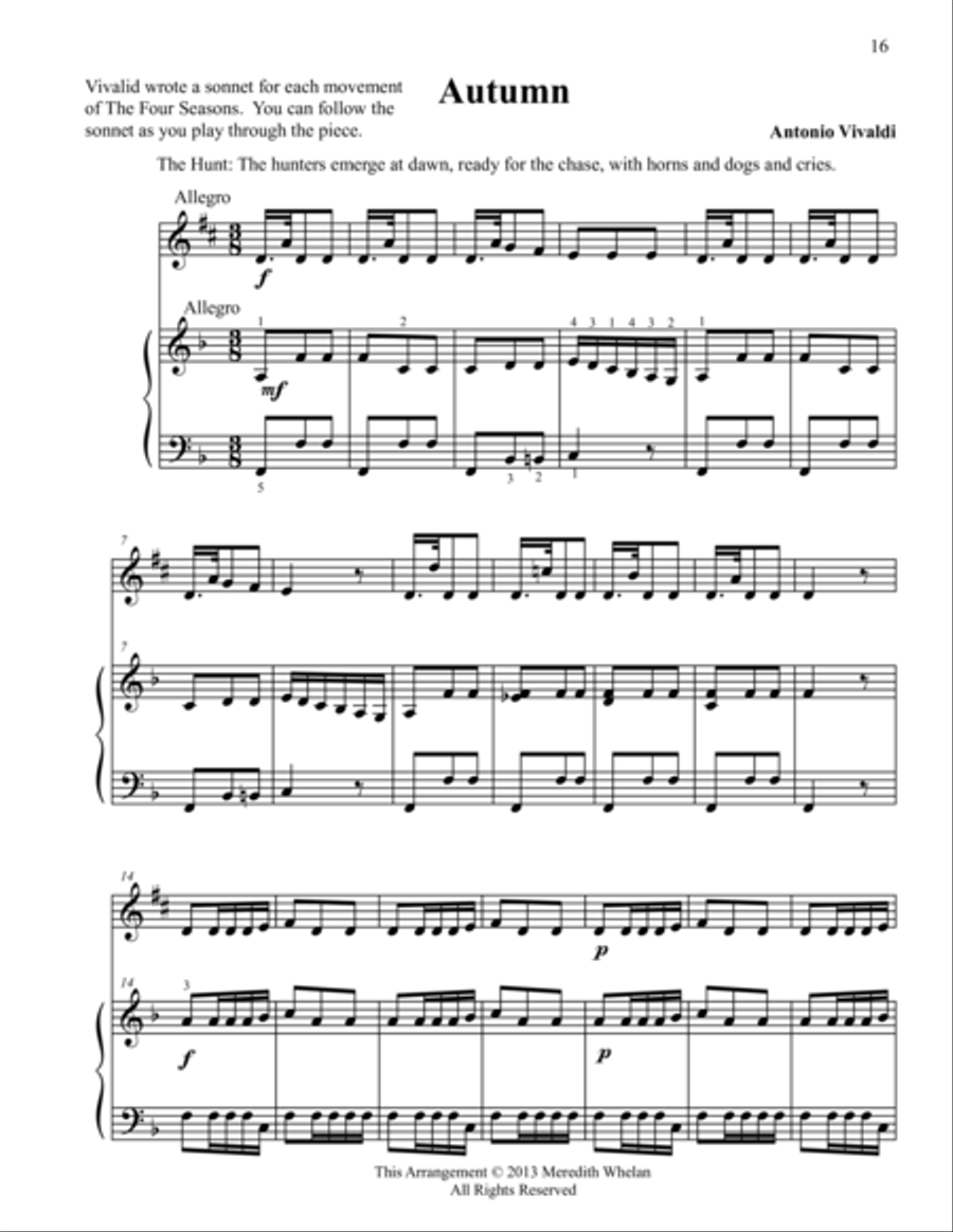 Classical Duets for Alto Saxophone & Piano: Autumn from Vivaldi's Four Seasons Woodwind Duet scores gallery preview page 1