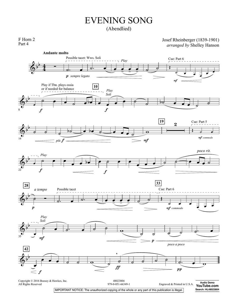 Evening Song (Abendlied) - Pt.4 - F Horn 2 Concert Band scores gallery preview page 1