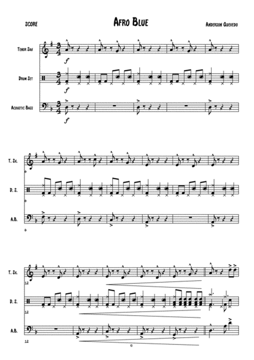 Afro Blue (Anderson Quevedo) for Trio ( tenor sax, bass and drums) - Score image number null