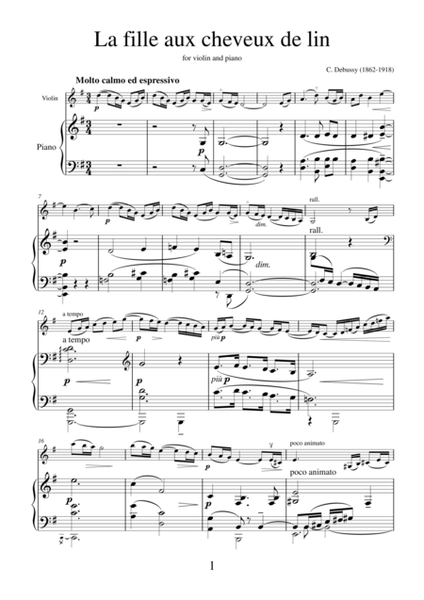 La fille aux cheveux de lin by Claude Debussy, transcription for violin and piano
