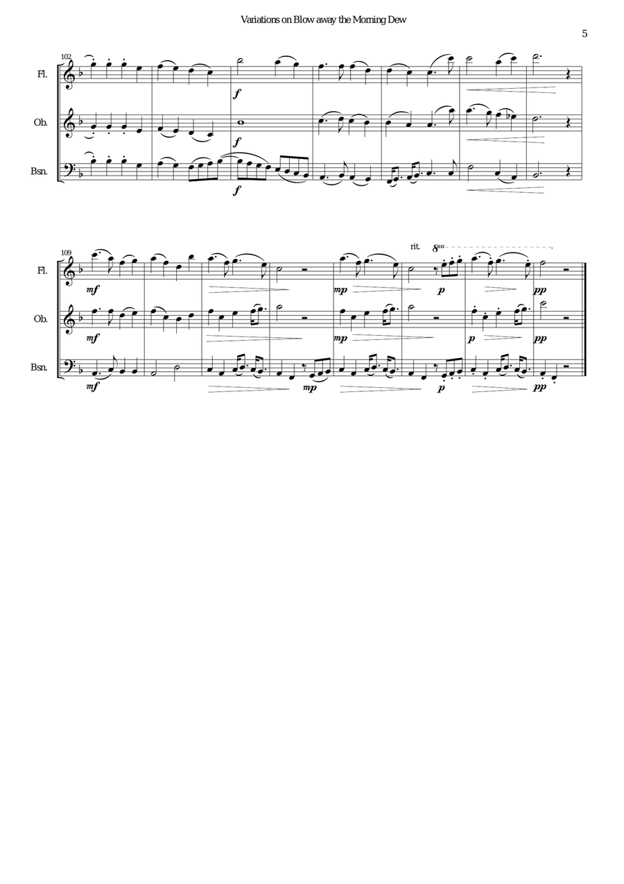 Variations on Blow away the morning dew for wind trio (flute, oboe, bassoon) Woodwind Trio scores gallery preview page 5
