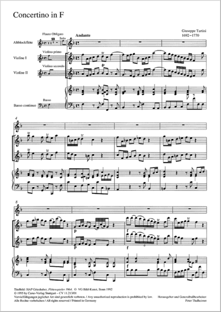 Concertino in F major for recorder and strings (Concertino in F fur Blockflote und Streicher)