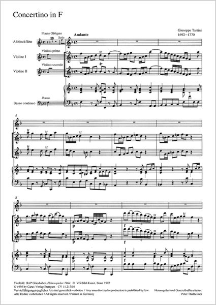 Concertino in F major for recorder and strings (Concertino in F fur Blockflote und Streicher) by Giuseppe Tartini Recorder - Sheet Music