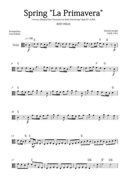 "Spring" (La Primavera) by Vivaldi - Easy version for VIOLA SOLO image number null