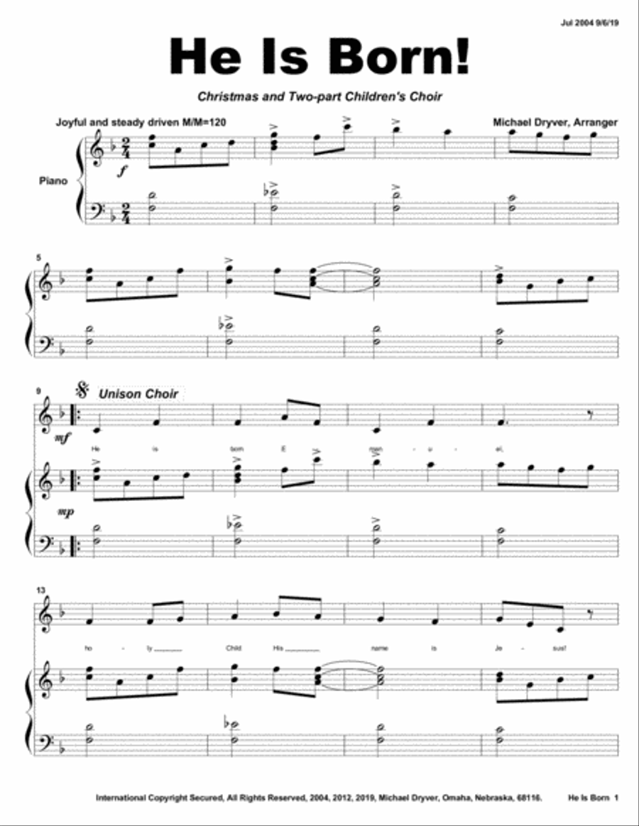 He is Born (Christmas Two-part Children's Choir) 2-Part scores gallery preview page 1