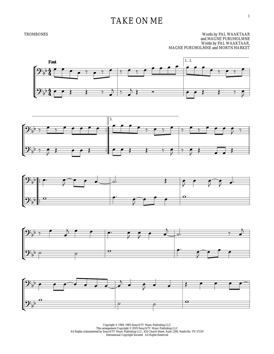Take On Me Take On Me Trombone Duet scores gallery preview page 1