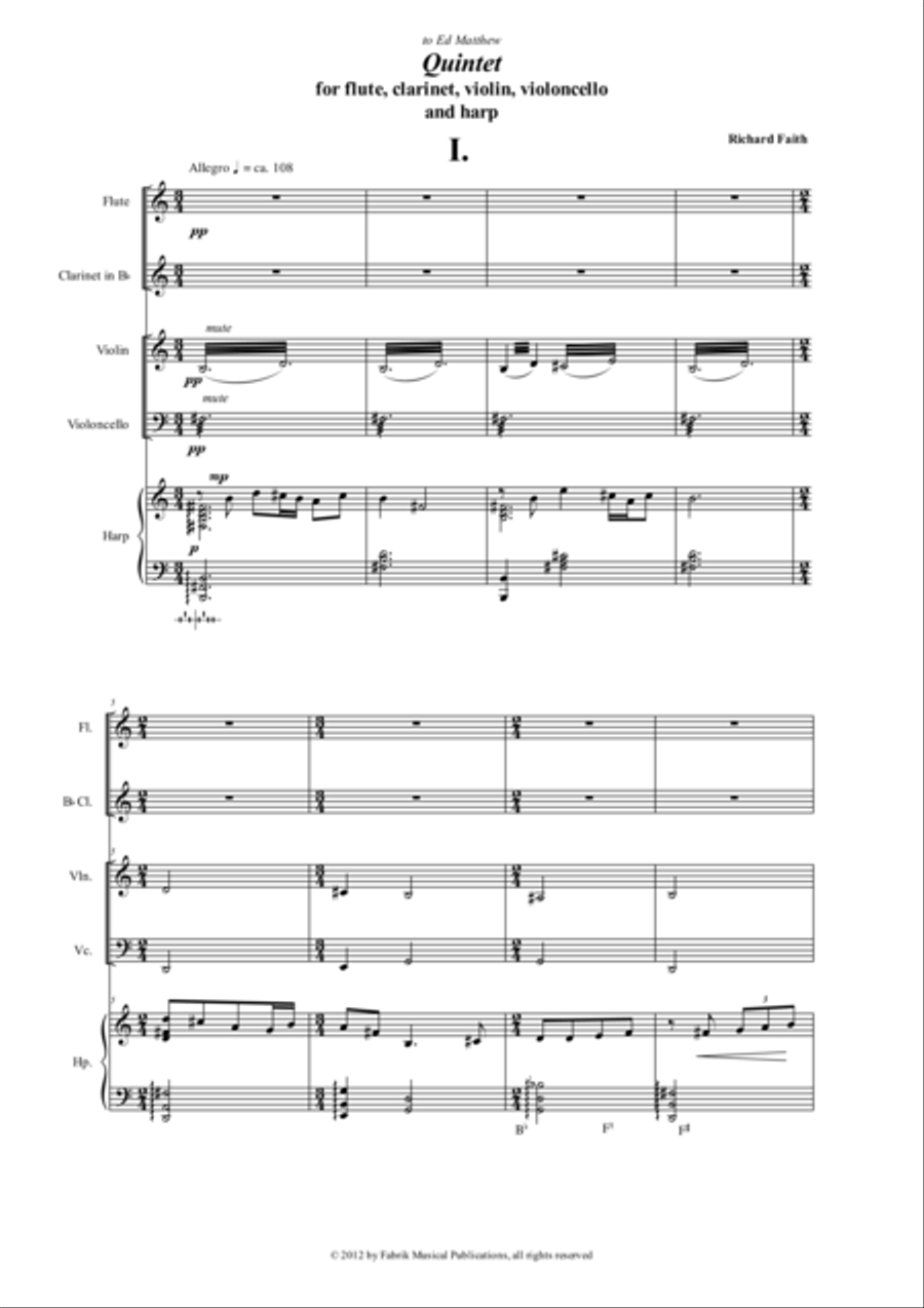 Richard Faith : Quintet for flute, clarinet, violin, violonello and harp, score only Small Ensemble scores gallery preview page 2