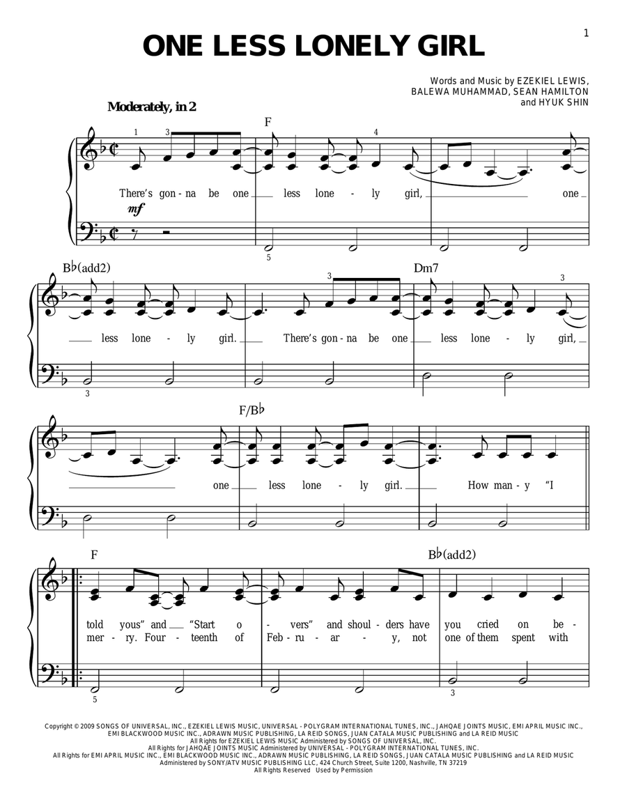 One Less Lonely Girl Voice scores gallery preview page 1