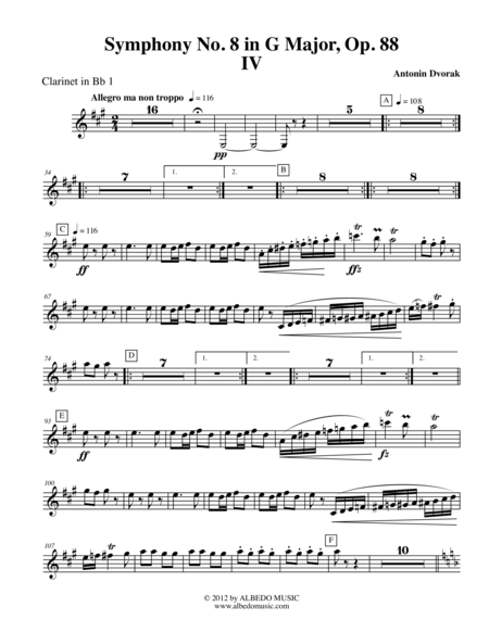 Dvorak Symphony No. 8, Movement IV - Clarinet in Bb 1 (Transposed Part), Op. 88