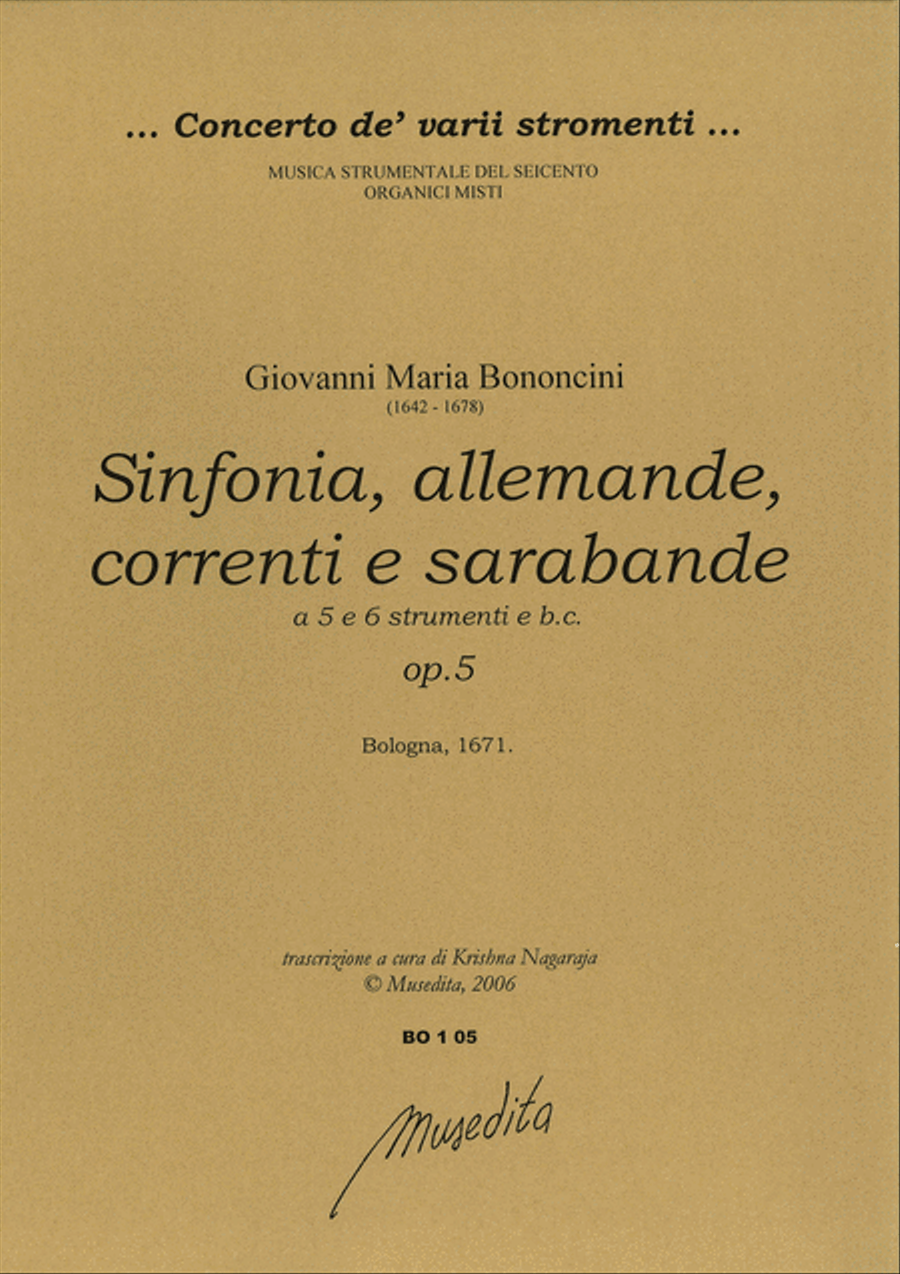 Sinfonia, allemande, correnti, sarabande a 5 e a 6 op.5 (Bologna, 1671) Set of Parts scores gallery preview page 1