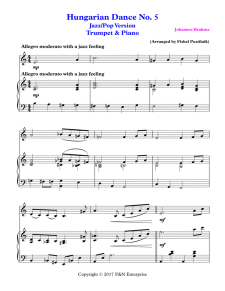 "Hungarian Dance No. 5"-Piano Background for Trumpet and Piano image number null