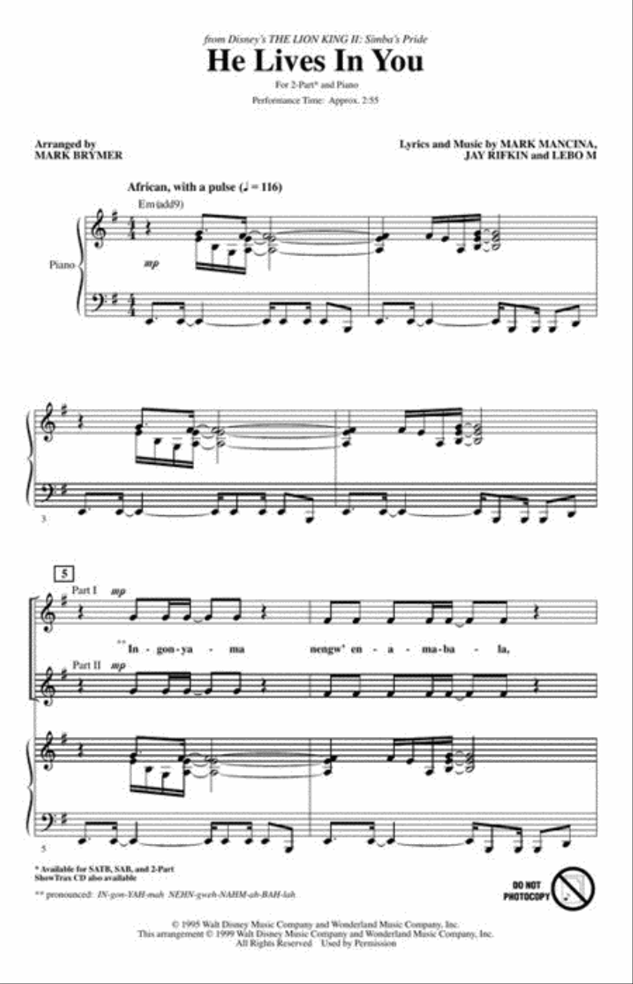 He Lives in You 2-Part scores gallery preview page 3