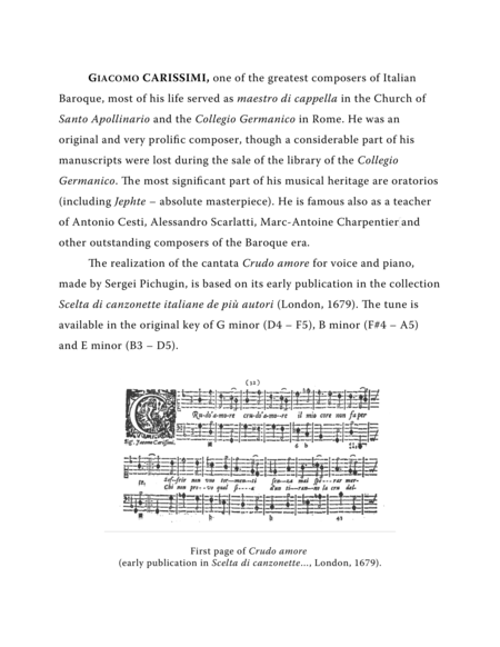 CARISSIMI, Giacomo: Crudo amore, cantata for Voice (Soprano/Tenor) and Piano (G minor) image number null