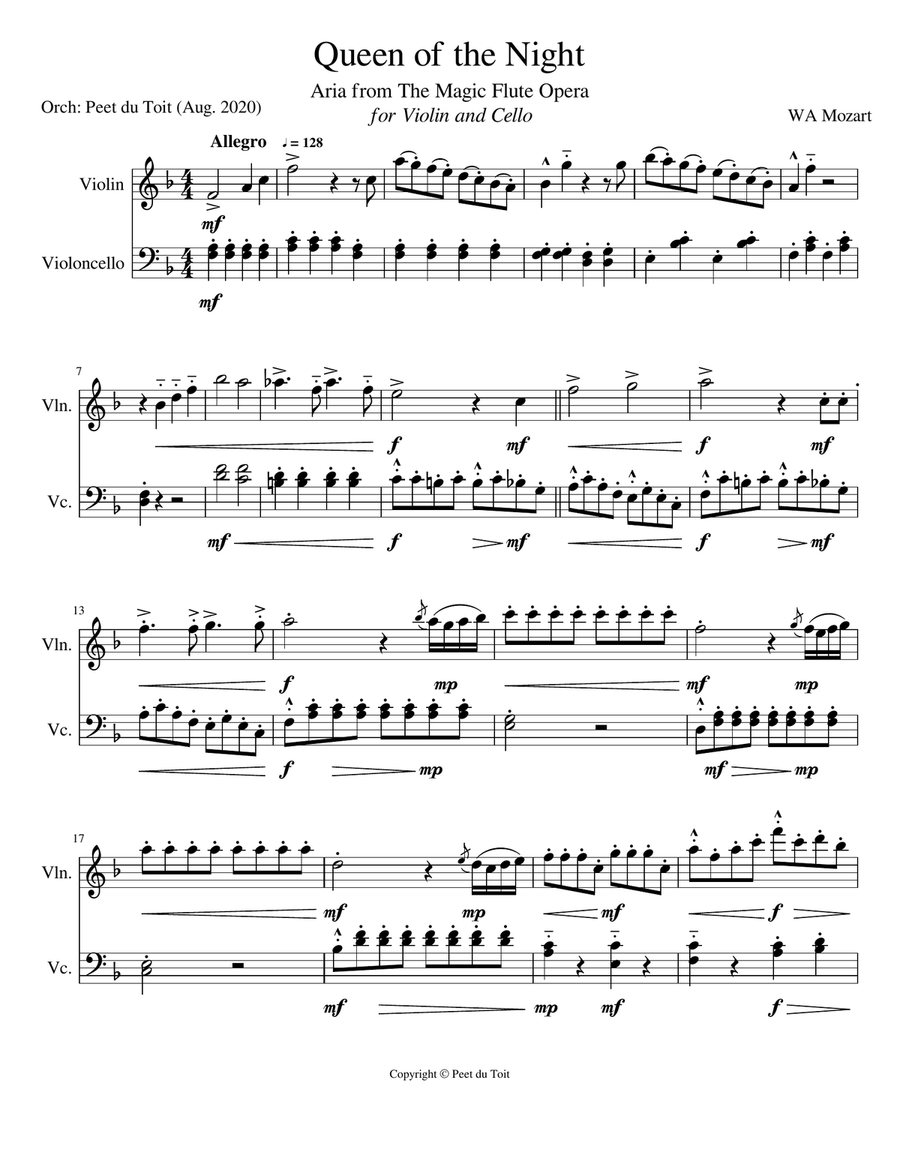Queen of the Night aria from The Magic Flute opera. K.620 - WA Mozart (Violin & Cello) Cello scores gallery preview page 1