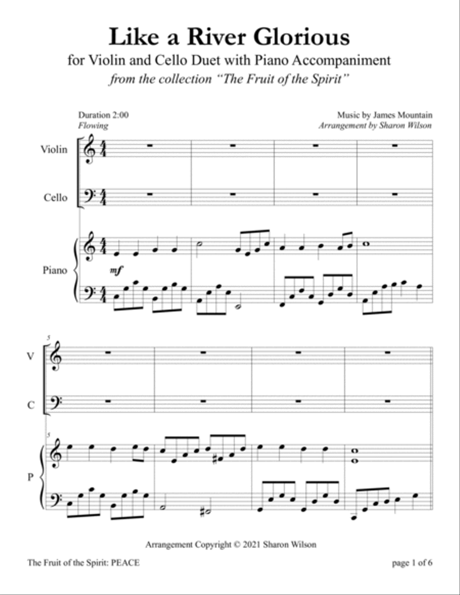 Like a River Glorious (Easy Violin and Cello Duet with Piano Accompaniment) Piano Trio scores gallery preview page 4
